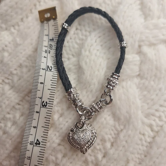 Judith Ripka Sterling Heart Charm Bracelet, Leather Band & Cubic Zirconia - Picture 2 of 12